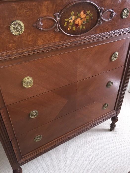 BEAUTIFUL HANDMADE/HANDPAINTED 1800S VICTORIAN BEDROOM SET BY WCR GRAND RAPIDS FURNITURE COMPANY ( INCLUDES TALL CHEST OF DRAWERES / FULL SIZE HEADBOARD WITH FOOTBOARD AND DRESSER WITH MIRROR)
