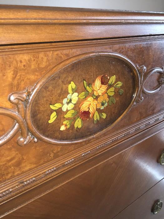 BEAUTIFUL HANDMADE/HANDPAINTED 1800S VICTORIAN BEDROOM SET BY WCR GRAND RAPIDS FURNITURE COMPANY ( INCLUDES TALL CHEST OF DRAWERES / FULL SIZE HEADBOARD WITH FOOTBOARD AND DRESSER WITH MIRROR)