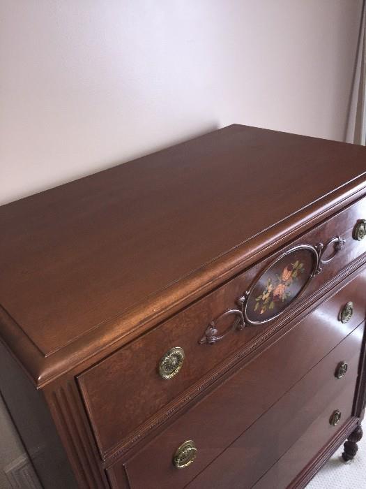 BEAUTIFUL HANDMADE/HANDPAINTED 1800S VICTORIAN BEDROOM SET BY WCR GRAND RAPIDS FURNITURE COMPANY ( INCLUDES TALL CHEST OF DRAWERES / FULL SIZE HEADBOARD WITH FOOTBOARD AND DRESSER WITH MIRROR)