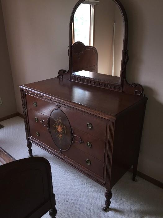BEAUTIFUL HANDMADE/HANDPAINTED 1800S VICTORIAN BEDROOM SET BY WCR GRAND RAPIDS FURNITURE COMPANY ( INCLUDES TALL CHEST OF DRAWERES / FULL SIZE HEADBOARD WITH FOOTBOARD AND DRESSER WITH MIRROR)
