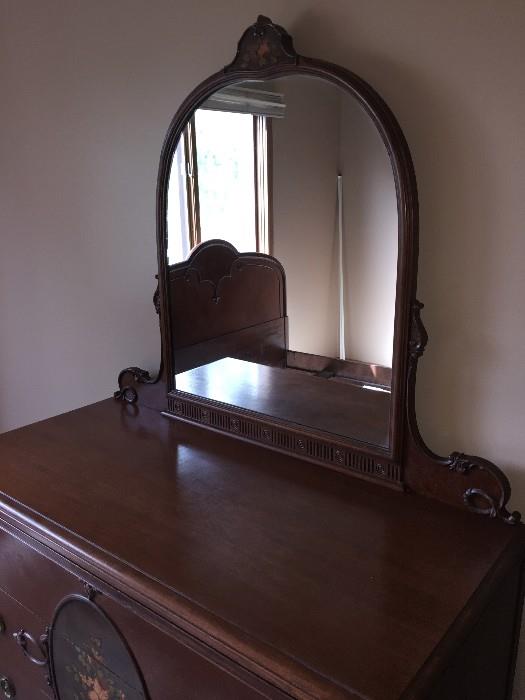 BEAUTIFUL HANDMADE/HANDPAINTED 1800S VICTORIAN BEDROOM SET BY WCR GRAND RAPIDS FURNITURE COMPANY ( INCLUDES TALL CHEST OF DRAWERES / FULL SIZE HEADBOARD WITH FOOTBOARD AND DRESSER WITH MIRROR)