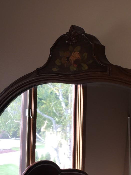 BEAUTIFUL HANDMADE/HANDPAINTED 1800S VICTORIAN BEDROOM SET BY WCR GRAND RAPIDS FURNITURE COMPANY ( INCLUDES TALL CHEST OF DRAWERES / FULL SIZE HEADBOARD WITH FOOTBOARD AND DRESSER WITH MIRROR)