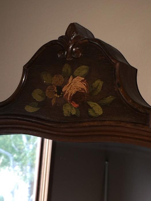 BEAUTIFUL HANDMADE/HANDPAINTED 1800S VICTORIAN BEDROOM SET BY WCR GRAND RAPIDS FURNITURE COMPANY ( INCLUDES TALL CHEST OF DRAWERES / FULL SIZE HEADBOARD WITH FOOTBOARD AND DRESSER WITH MIRROR)