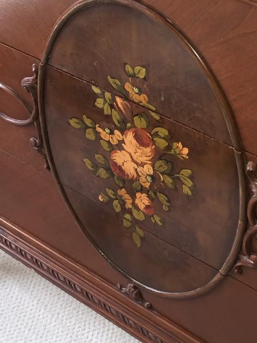 BEAUTIFUL HANDMADE/HANDPAINTED 1800S VICTORIAN BEDROOM SET BY WCR GRAND RAPIDS FURNITURE COMPANY ( INCLUDES TALL CHEST OF DRAWERES / FULL SIZE HEADBOARD WITH FOOTBOARD AND DRESSER WITH MIRROR)