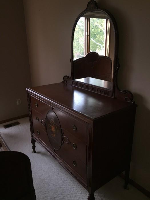 BEAUTIFUL HANDMADE/HANDPAINTED 1800S VICTORIAN BEDROOM SET BY WCR GRAND RAPIDS FURNITURE COMPANY ( INCLUDES TALL CHEST OF DRAWERES / FULL SIZE HEADBOARD WITH FOOTBOARD AND DRESSER WITH MIRROR)