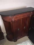 GORGEOUS HANDCARVED WOOD CABINET WITH BLACK MARBLE TOP ( SOLD AS IS) BROKEN GLASS DOOR