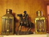 Vintage Brass Lanterns and Bronze Western Figurine