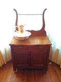 Antique Oak Wash Stand with Towel Bar, Wash Bowl Set (Pitcher & Bowl)