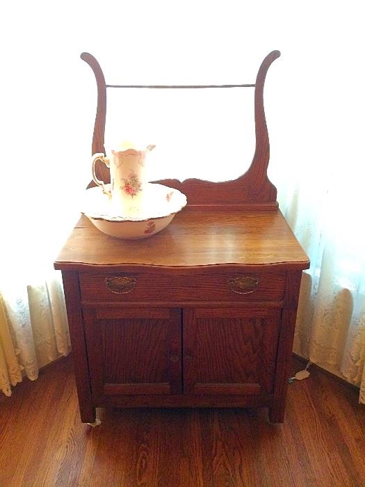 Antique Oak Wash Stand with Towel Bar, Wash Bowl Set (Pitcher & Bowl)