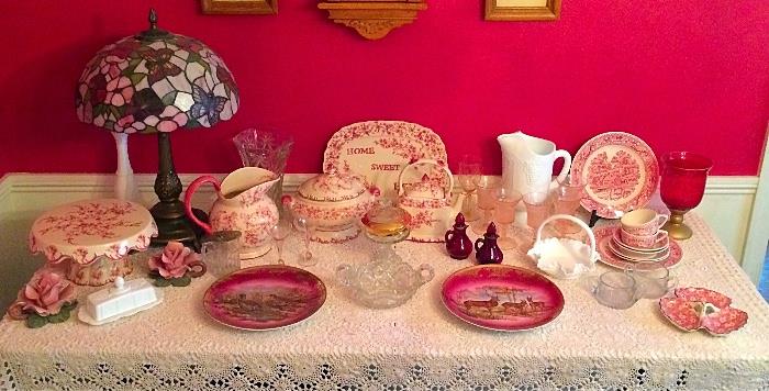 Country Style Dishes, Tiffany Style Lamp, Milk Glass & More