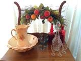 Wash Stand Set (Pitcher & Bowl), Sherry Glasses, Ruby Red Pressed Glass Bottles & Candlewick Glasses
