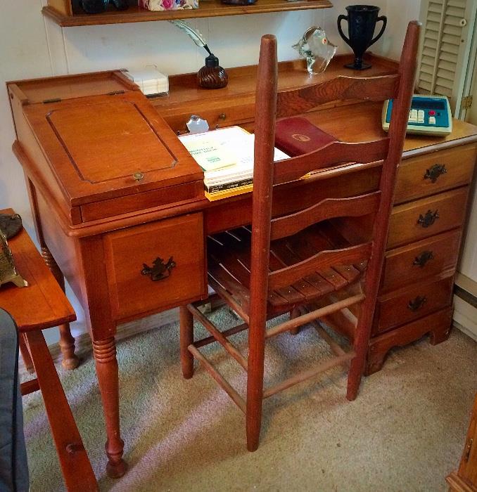 Vintage Kneehole House Desk, Vintage Turned Slat Backed and Slate Seat Chair