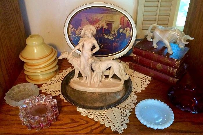 Vintage Glass Shades, Vintage Glass Dishes, Quartz Bull, Vintage Tin, Silverplate, Sculptural Figurine