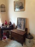 Primitive End Table, Antique Commode, Large Crock Jug & More