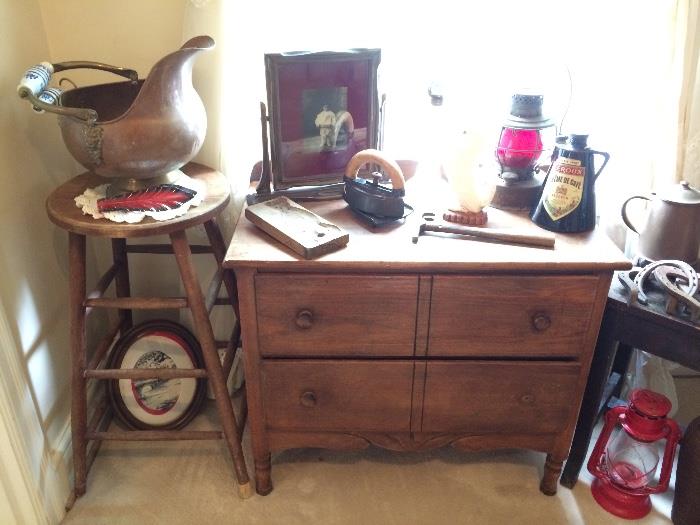Brass Coal Shuttle, Vintage Stool, Antique Chest, Antique & Vintage Pictures, Oil Lanterns & More