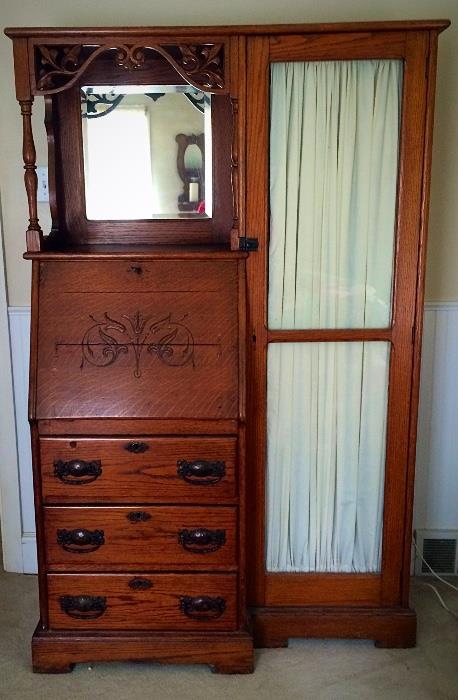 Antique Secretary / Drop Front Desk with Drawers & Attached Bookshelf 