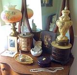 Hurricane Lamp, Vintage Porcelain Urn Lamp, Vintage Jewelry Boxes (Musical, Need TLC), Vanity Items & More