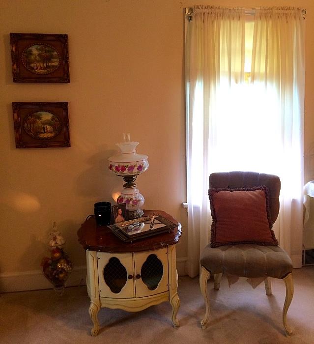 Vintage Artwork, Hurricane Lamp, Vintage French Provincial End Table, Vintage Vanity Chair with Button Tucking (TLC) & More