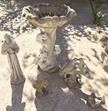 Figural Squirrel Pedestal Bird Bath & Other Concrete Figures (Including Beautiful Love Birds)