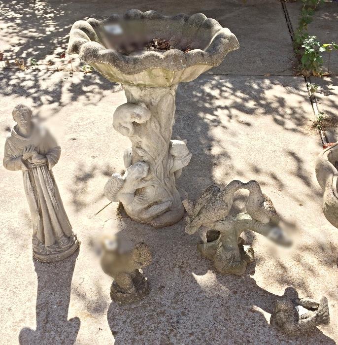 Figural Squirrel Pedestal Bird Bath & Other Concrete Figures (Including Beautiful Love Birds)