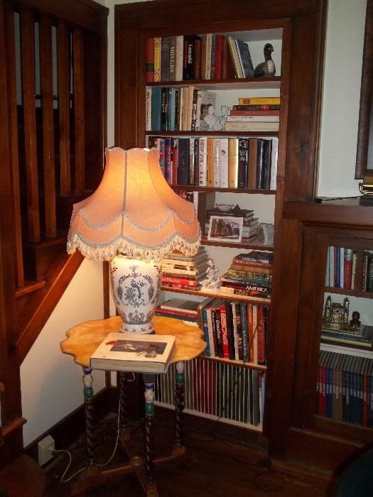 Art Deco Side Table, Gorgeous Lamp With Custom Ralph Lauren Lamp Shade, Large Collection of Books