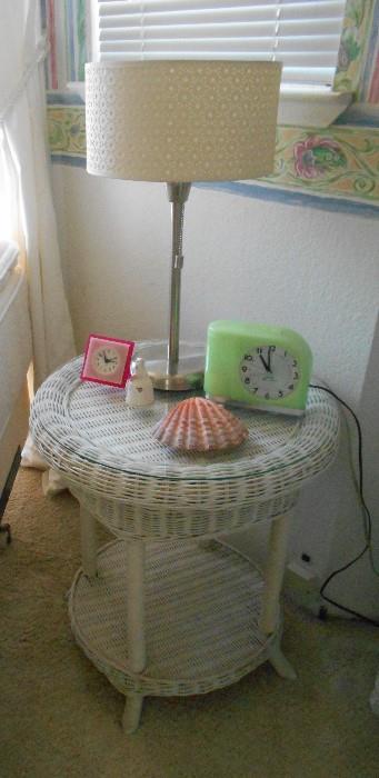 Round white wicker nightstand/table