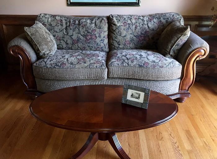 Upholstered sofa, coffee table