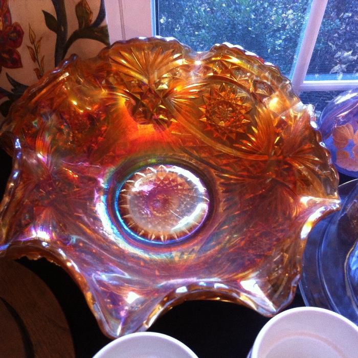 Large ruffled carnival glass bowl.