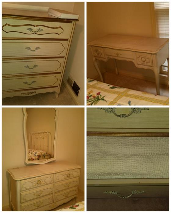 Beautiful off white 1960' French Provincial pieces. Vanity tour makeup table chest with mirror and chest of drawers