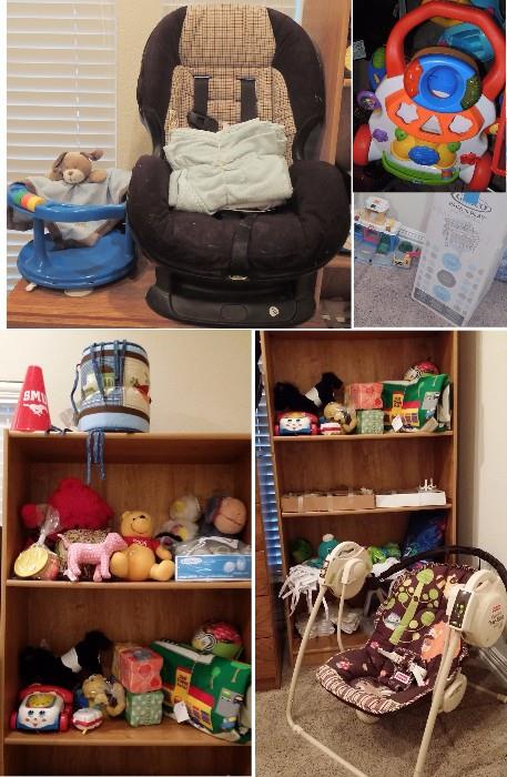 Baby Care Items: Swing, toys, car seat, linens, bath seat, pack & play, stuffed animals, infant toys