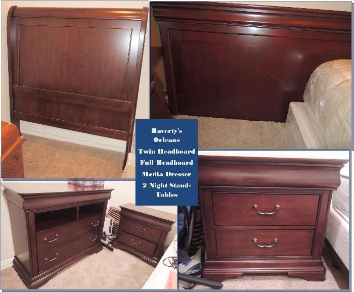 Haverty's "Orleans" Bedroom Suite.  Twin Sleigh Headboard, full headboard, 2 night - side tables, media dresser