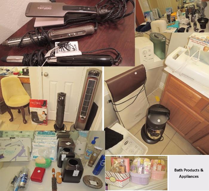 Bathroom & drug store items: Vanity sets, gift sets, appliances, vaporizer, hair care appliances, massage: back, neck, chairs, & feet, 2 vanity chairs, vaporizer, air cleaner. drug store items