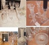 Cristal d’Arques Masquerade Pattern; Tiffany & Co Tumblers & Rocks glasses Swag Pattern, Lenox Clarity Gold Champagne & water & wine stems; Lenox Casual Cobalt Blue tumblers & stem; picture frames, decanters, bowls, platters, candle holders & sticks.Vintage cut glass pieces, vases, clocks, frames