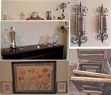 Home Decor, candles, gold frames frames for desk & wall, vases, Howard Miller Clock, Lenox & Reidel decanters