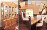 Stanley Empire Dining Room Suite Furniture. Large suite with solid maple inlaid 68 x 44” oval table, 2 16” leaves and 8 chairs.  Matching china cabinet for storage and beautiful display.