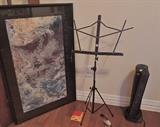 Music stand.  Framed Pictures