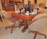 Chromcraft Revington round table, leaf & 4 chairs on casters. 3 matching bar stools. 