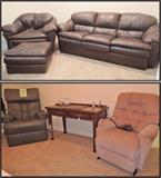 Ashley Furniture brown leather sofa sleeper & matching oversized club chair with ottoman. Panasonic leather massage lounge chair, mauve lift “Stand Sit” Chair. 