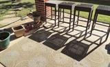Outdoor rug, 4 outside stools, pots & planters
