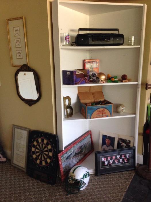 dartboard, sports collectibles, toys, boom box, antique mirror