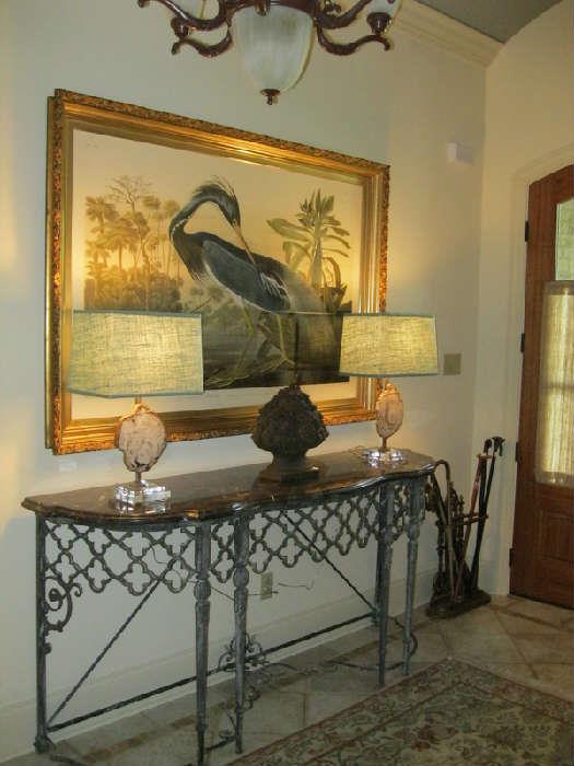 Large Audubon Print in Antique Frame, Marble Top Iron Console
