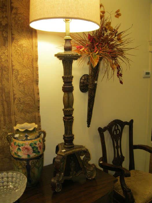 Pr. of Large Wooden Carved Italian Lamps