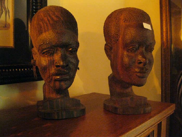 Pr. of African Wood Carved Heads by Felix Eboigbe