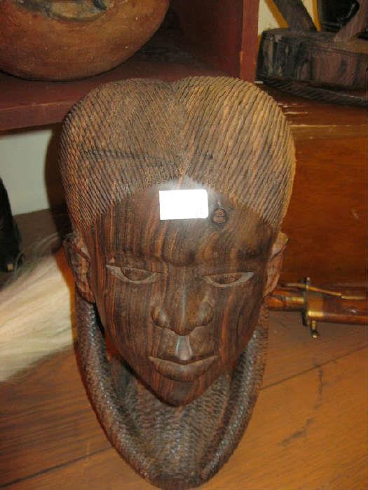 African Wood Carved Head Signed