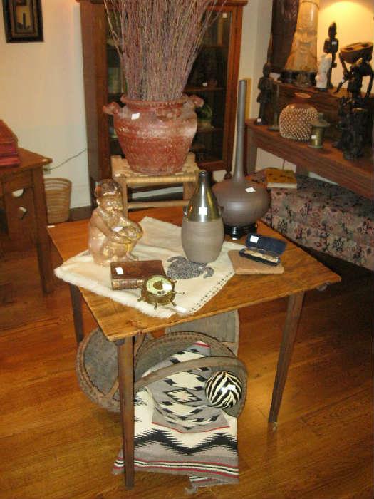 Primitive Folding Table, Indian Blanket, Antique Gathering Baskets