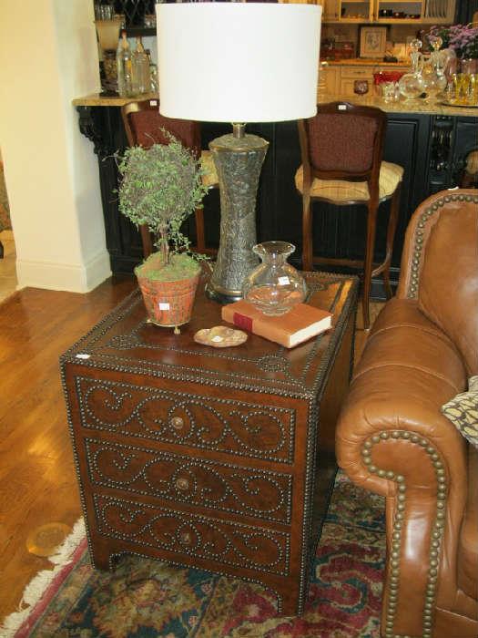 Drexel Leather Studded Chest, Oriental Bronze Lamp