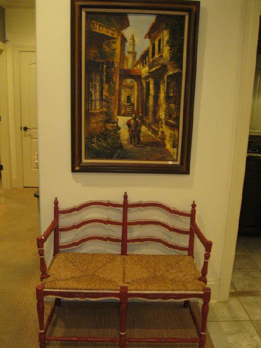 French Country Painted Bench, Oil Painting