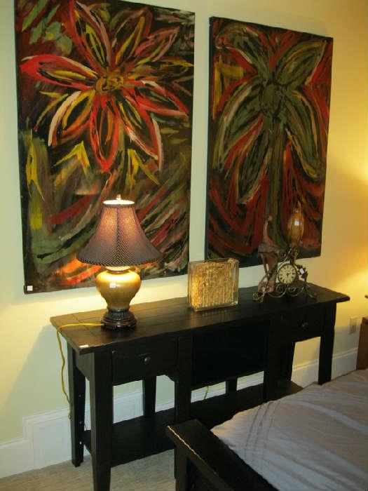 Pr. of Modern Signed Paintings on Board, Black Modern Console