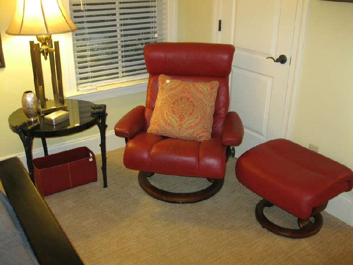 Modern Red Leather Recliner and Ottoman
