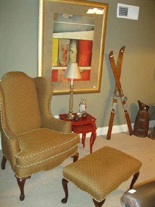 Wingback Chair and Ottoman, Modern Art, Old Wooden Skis 